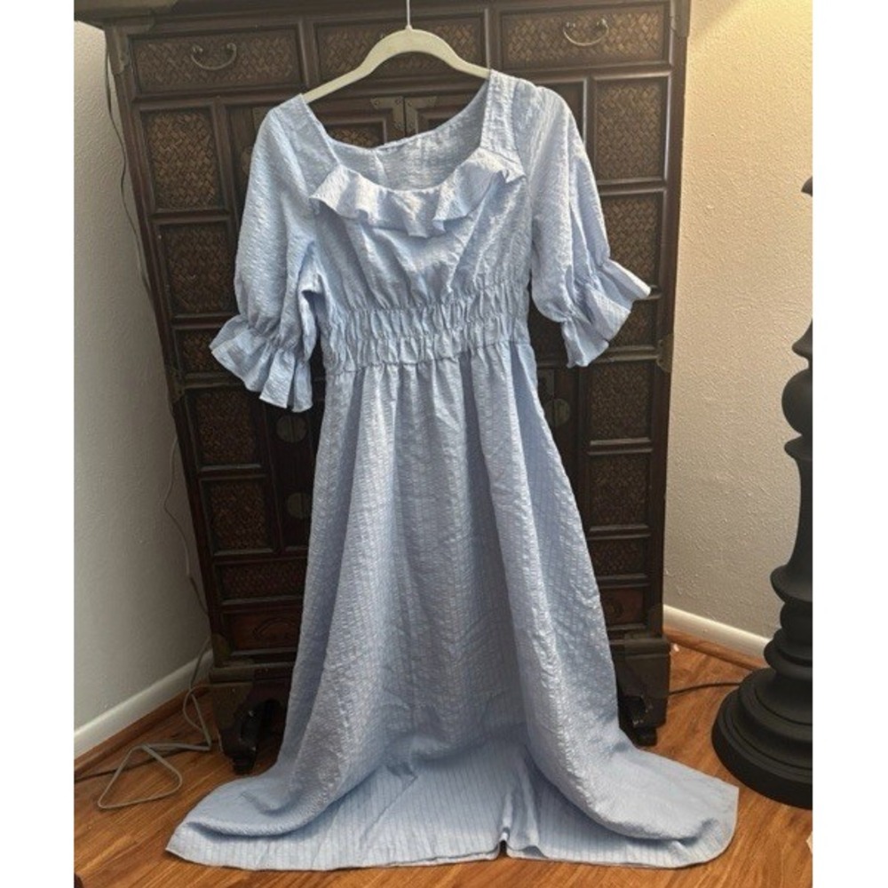 VTG Peasant Blue Prairie Dress Long Maxi Short Sleeve Embroidered Size M/L - Picture 5 of 16